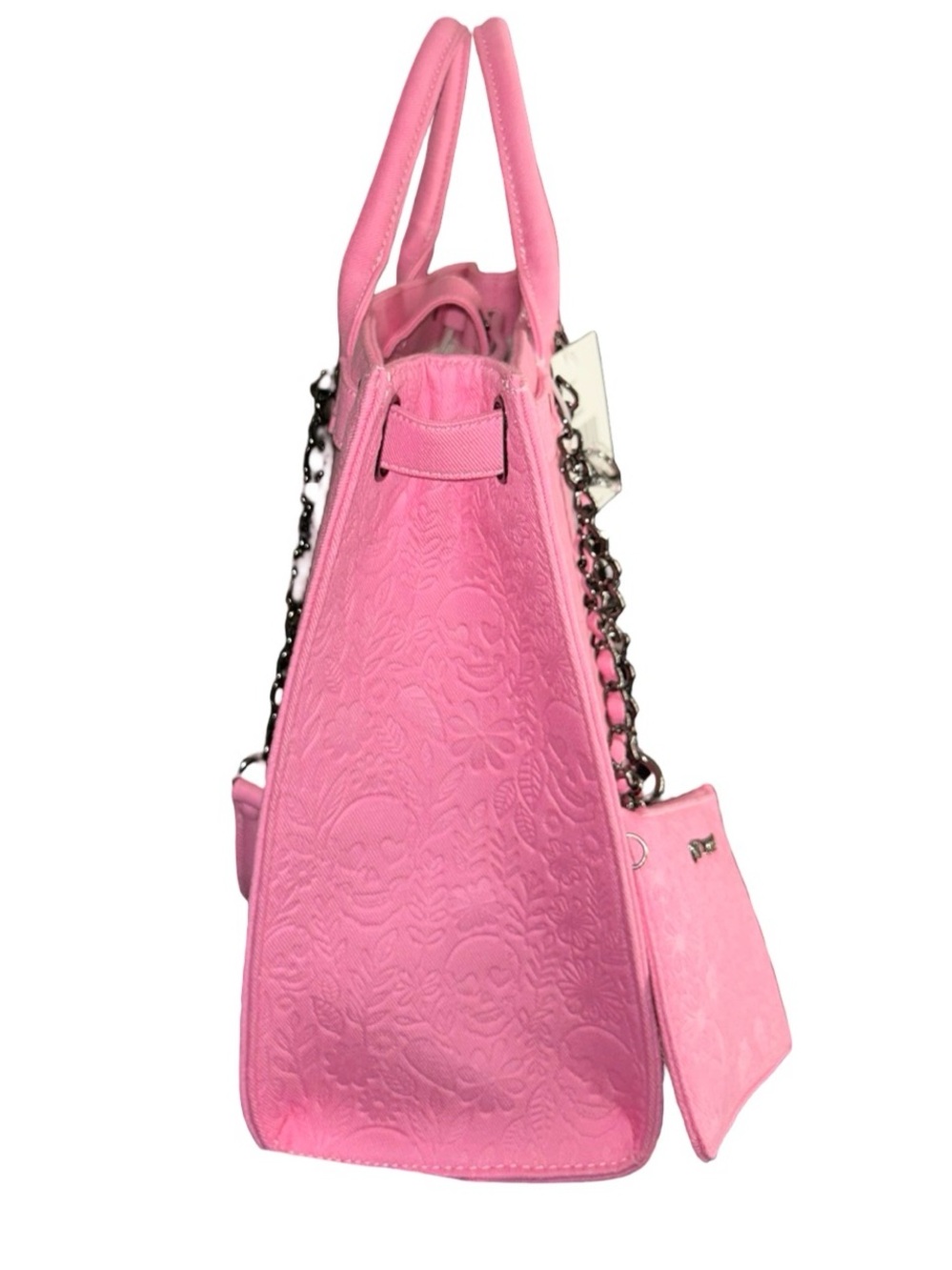 BETSEY JOHNSON XL PINK SUGAR SKULL & FLOWERS DOUBLE HANDLE/CHAIN STRAPS NWT - Picture 8 of 12
